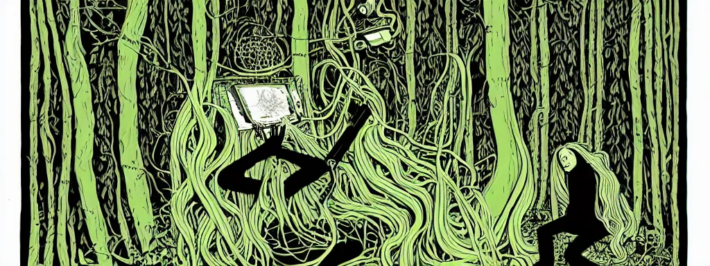 Image similar to a grunge technogaianist long-haired blonde digital musician playing modular synthesizer in the forest, technology and nature swirling in harmony, plugging vines into the synthesizer, trees swaying to the beat, postmodern surrealist concert poster, grainy poster art, hand drawn matte painting by Tara McPherson and Gary Houston, smooth, sharp focus, extremely detailed, 50mm.