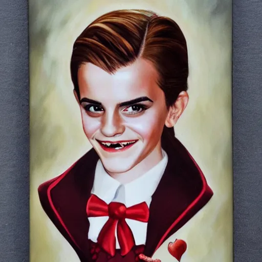 Image similar to emma watson as count chocula, cereal box, photorealistic, portrait, oil painting