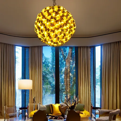 Image similar to chandelier in the shape of a sun with yellow accents designed by tiffany, advertising photography, luxury home design