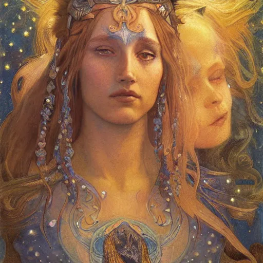 Image similar to queen of the moon with stars in her hair, by annie swynnerton and tino rodriguez and donato giancola and nicholas roerich and jean delville and diego rivera and charlie bowater and dulac, dramatic lighting, god rays, geometric tattoos, rich colors, smooth sharp focus, extremely detailed, adolf wolfli