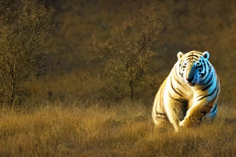 Image similar to a tiger polar bear!!! hybrid! hyper realistic!! realistic lighting!! wildlife photographer of the year!!! bold natural colors, national geographic, hd, wide angle, 8 k