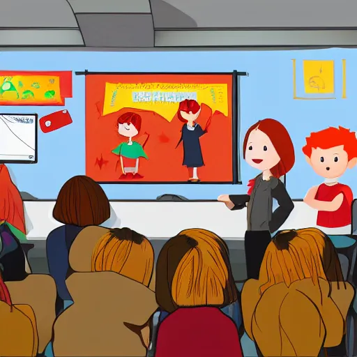 Prompt: a red headed child giving a presentation in a classroom, flat graphic style, children's book illustration by Sam Yang, trending on artstation - n 9