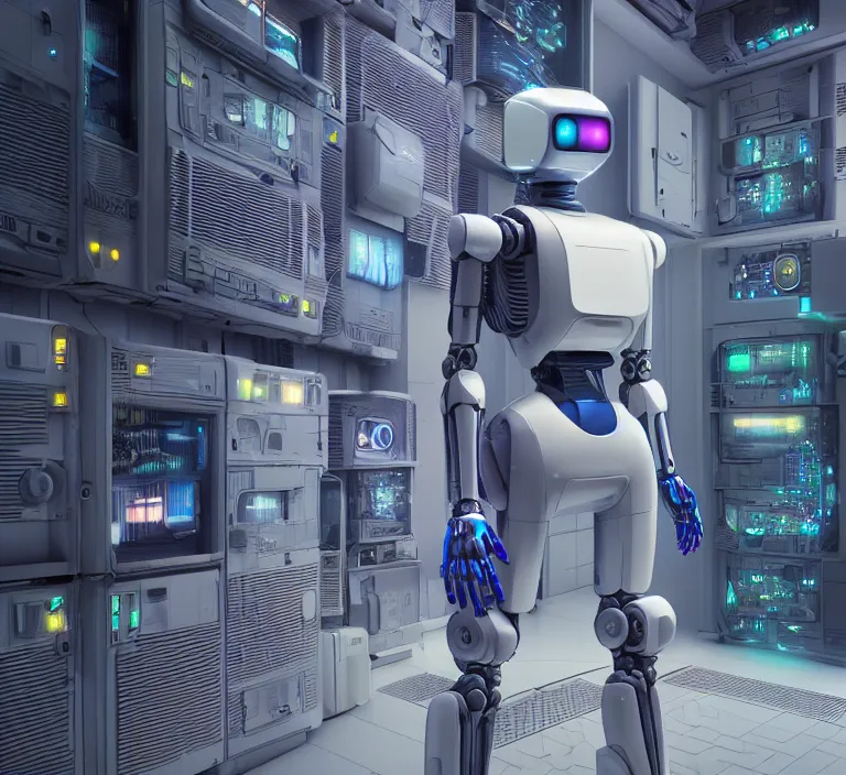 Prompt: hyperrealism colour detailed photography of highly detailed stylish robot in sci - fi style by gragory crewdson and katsuhiro otomo, mike winkelmann with many details by josan gonzalez working at the highly detailed data center by mike winkelmann and laurie greasley hyperrealism stock photo on dsmc 3 system rendered in blender and octane render