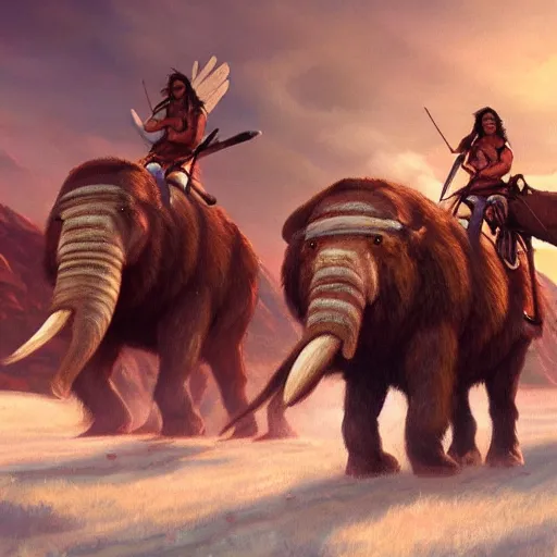 Prompt: painting of native americans riding mammoths, artstation, ultra detailed