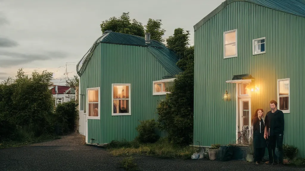 Image similar to a couple, green house, quiet street, reykjavik, sunset lighting, rim light, hyper realistic, 1 0 5 mm, cinematic frame