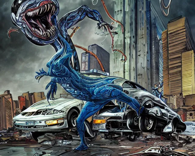 Prompt: A realistic Venom standing on top of a wrecked car in the city, open arms art by Jason Chan and Gerardo Sandoval, Ultra detailed, hyper realistic,