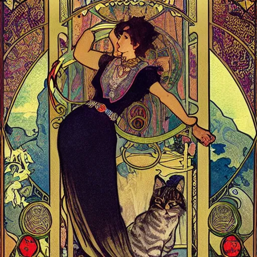Image similar to poster of Gypsy lady doing tarot card reading inside a gypsy caravan surrounded by cats, art nouveau, 1878, Alphonse Mucha, decorative panels, old paper, soft colors