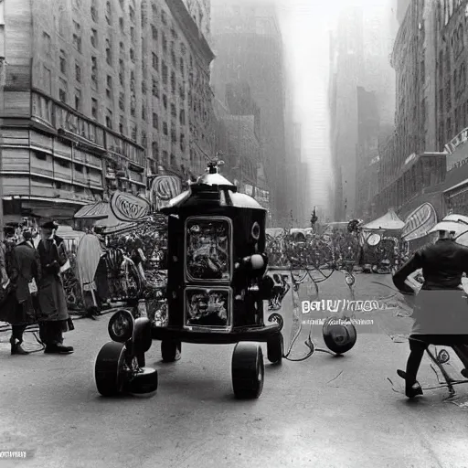 Image similar to old black and white photo, 1 9 1 3, depicting a retrofuturistic robot rampaging through the bustling streets of new york city, historical record