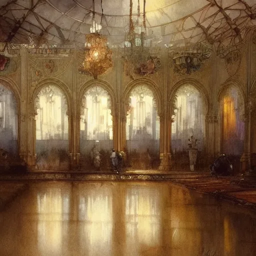 Prompt: a beautifull intricate watercolour painting of a ballroom, reflexions, verry high details by william turner art, greg rutkowski and alphonse mucha, trending on artstation, very very detailed, masterpiece, muted colors