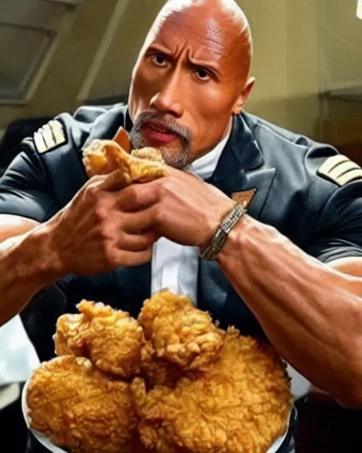 Prompt: dwayne johnson as colonel sanders eating fried chicken