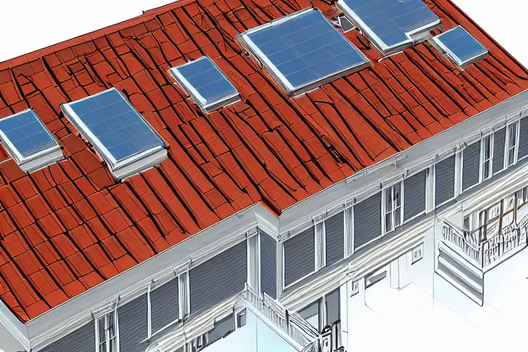 Image similar to mansard roof illustration, few solar panels on the roof, isometric view