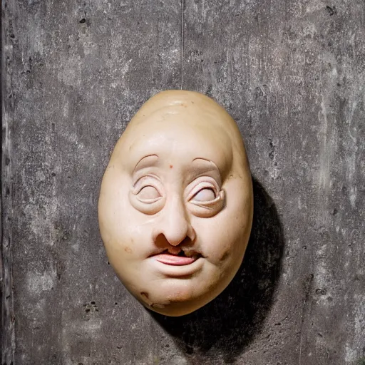 Prompt: a taxidermized potato with a human face, in a museum, 8 5 mm lens, 7 0 mm entrance pupil diameter