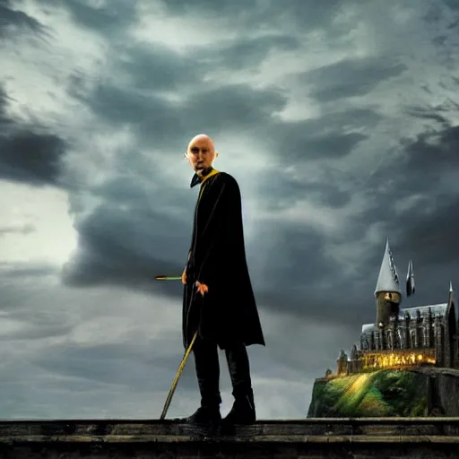 Image similar to Harry potter daniel radcliffe, yellow light spell, voldemort is visible, side view, thunderclouds, cinematic shot, wide shot, epic scale, photorealistic detail and quality, intricate cobblestone, magical special effects, movie still, nighttime, crescent moon, sharp and clear, action shot, intense scene, visually coherent, symmetry, rule of thirds, movement, photorealistic colors, cool colors transitioning to warm colors, modest tone, award winning, directed by Steven Spielberg, Christopher Nolan, Tooth Wu, Asher Duran, artstation