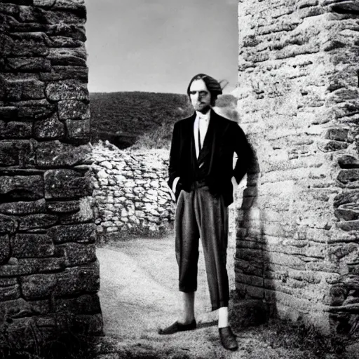 Image similar to 4K photograph of a panicked dishevelled slender young man with long hair in 1930s apparel backed against a stone wall trying to protect himself. Dramatic lighting