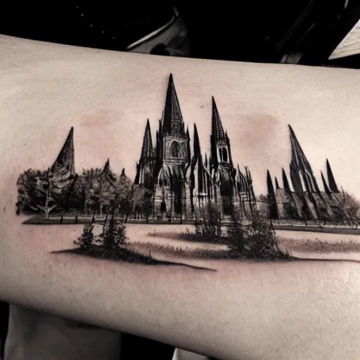Image similar to tattoo of a gothic cathedral. Black and white, 4k, photorealistic, artstation