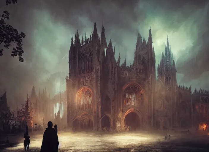 Image similar to ruined world praying people tears letters fly around, volumetric lighting, digital painting, highly detailed, artstation, sharp focus, illustration, concept art, ruan jia, steve mccurry, amazing composition, gothic arch frame