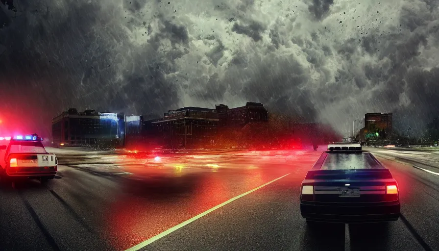 Image similar to cop car with sirens crossing washington dc during storm with tornado destroying the city, debris, hyperdetailed, artstation, cgsociety, 8 k