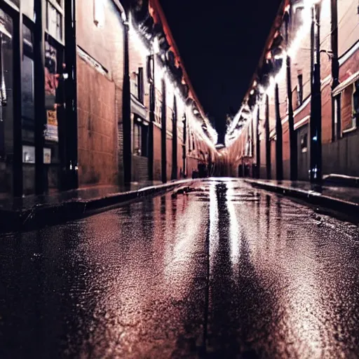 Prompt: Close-up photograph of the city street, night time, dark, raining, f/11.0