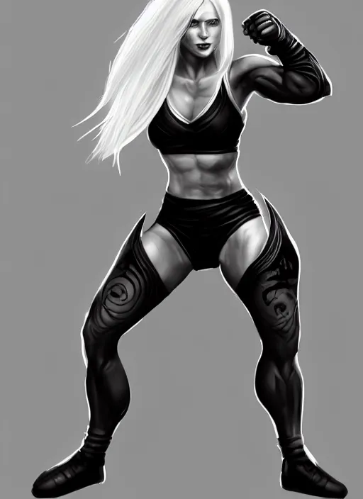 Prompt: a highly detailed illustration of fierce beautiful platinum blonde woman wearing black mma gear, heroic fighting stance pose, muscular, perfect face, perfect body, intricate, elegant, highly detailed, centered, digital painting, artstation, concept art, smooth, sharp focus, league of legends concept art, wlop