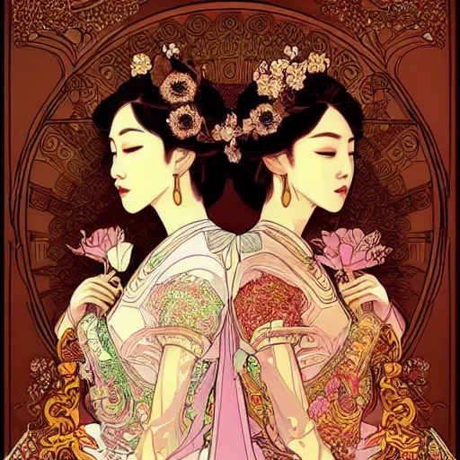 Image similar to beautiful and detailed digital illustration of a twin thai princesses by kittichai rueangchaichan, floralpunk, Artstation, art nouveau aesthetic, Alphonse Mucha background, intricate details,concept art, realistic, dramatic, detailed intricate ink illustration, heavenly atmosphere, Ukiyo-style