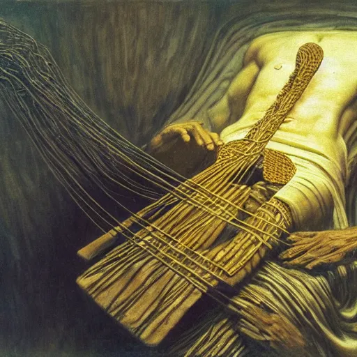 Image similar to wide angle shot of a black man with long curly hair, mummified in guitar strings, lying in a golden sarcophagus on display in a museum, fantasy painting by zdzisław beksinski