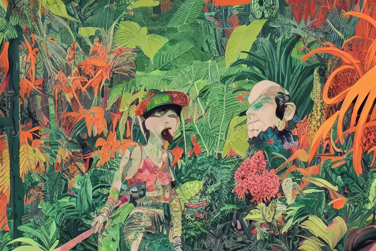 Prompt: 2 d gouache illustration of a rotterdam gabber from 9 0's, a lot of exotic vegetation, trees. flowers, oldschool vintage sci - fi flat surreal design, super - detailed, painting by satoshi kon, hd, 4 k, high quality