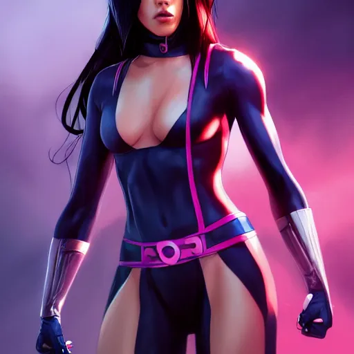 Prompt: Psylocke, Chloe Bennet, long black hair, realistic character concept, middle shot, action pose, comic book, illustration, slender symmetrical face and body, artstation, cinematic lighting, hyperdetailed, cgsociety, 8k, Rafeal Albuquerque comic book art, single face, insanely detailed and intricate, beautiful