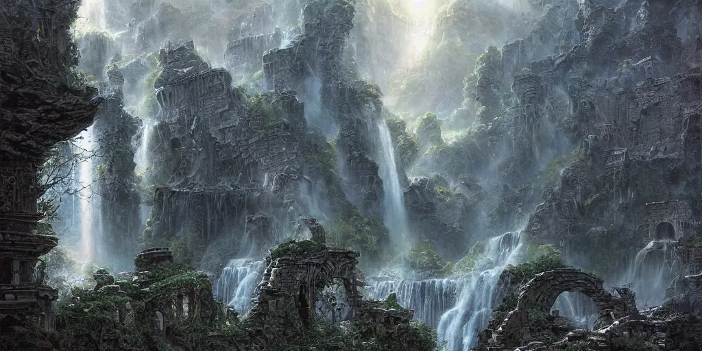Prompt: Fantastical open landscape by Ted Nasmith, cascading waterfalls, ruined cities, digital painting, concept art, landscape
