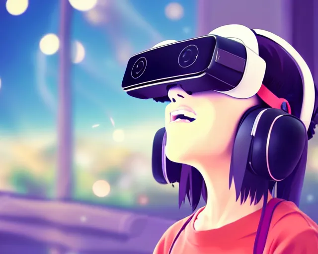 Image similar to anime fine details portrait of joyful girl in vr headset in school, bokeh. anime masterpiece by Studio Ghibli. 8k render, sharp high quality anime illustration in style of Ghibli, artstation