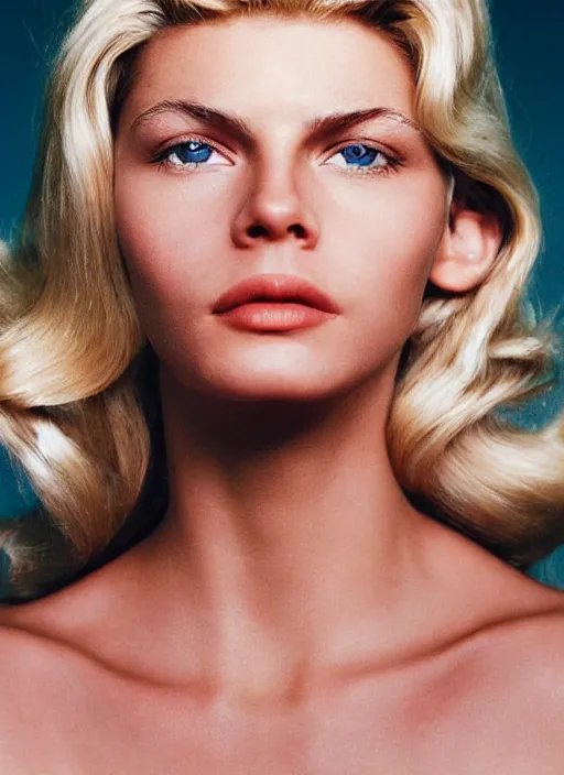 Image similar to kodak portra 400, photographic extreme close-up face of a beautiful woman with blond hair , photographed by Mario Testino , high quality, complementary colors .