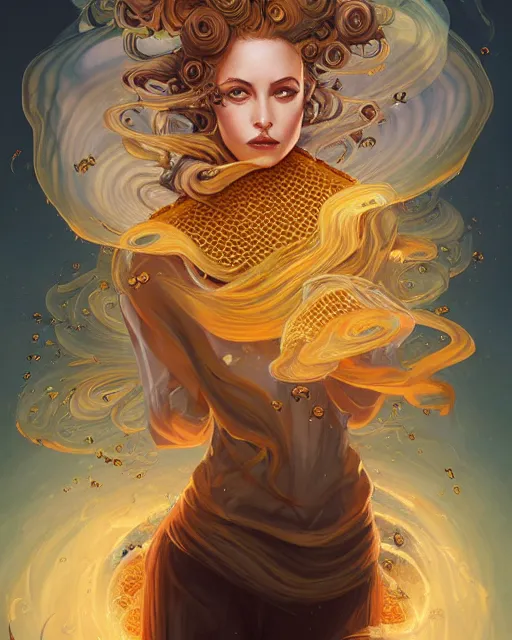 Prompt: portrait of a Beekeeper priestess with a honeycomb blouse and flowing liquid smoke hair, swirling petal storm, radiant light, peter mohrbacher, artgerm