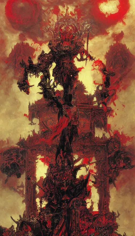 Prompt: Blood for the blood god, Skulls for the skull throne by Adrian Smith and Delphin Enjolras and Ilya Repin