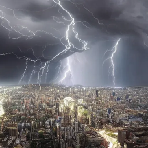 Image similar to enormous creature towering over a city during a thunderstorm, hyper realistic