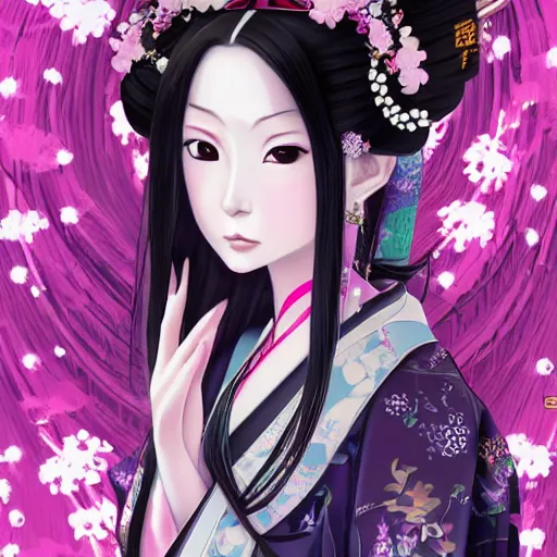 Prompt: portrait of the japanese moon princess kaguya hime with long flowing black hair wearing an ornate pink kimono with intricate floral patterns, touhou character design by ross tran, yoshitaka amano, bo chen artstation