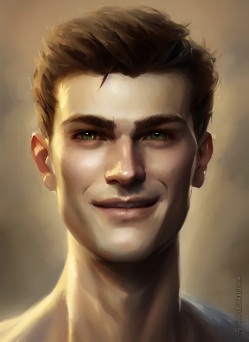 Image similar to a _ fantasy _ style _ portrait _ painting _ of white male short fringe light brown hair short head smiling clean shaven round face rpg dnd oil _ painting _ unreal _ 5 _ daz. _ rpg _ portrait _ extremely _ detailed _ artgerm _ greg _ rutkowski _ greg