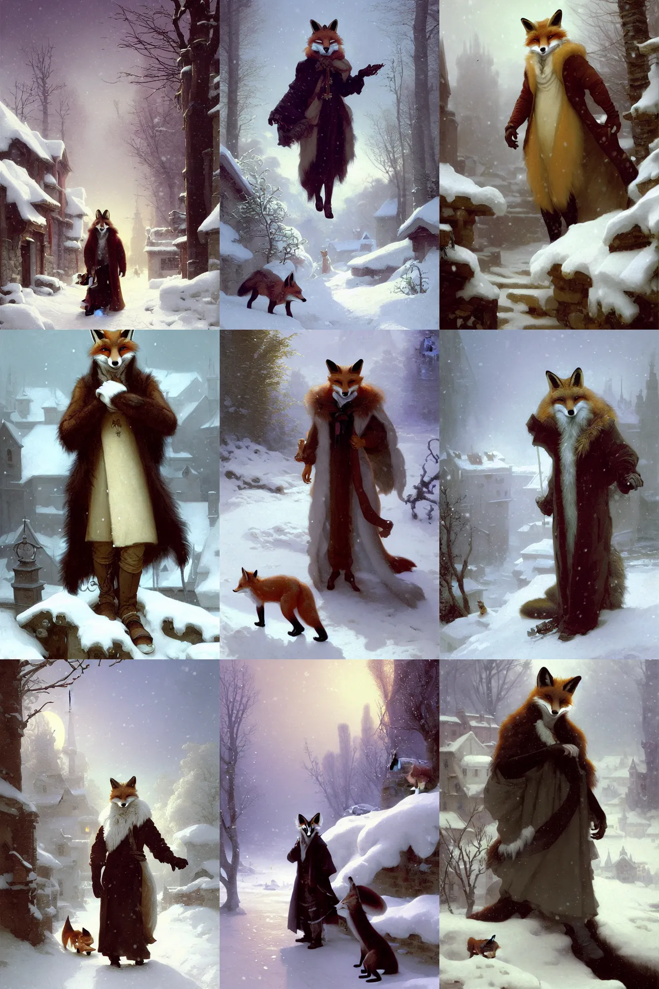 Prompt: an anthropomorphic fox man wearing a long fur coat in a snowy village, character illustration by greg rutkowski, thomas kinkade, Franz Xaver Winterhalter, William-Adolphe Bouguereau