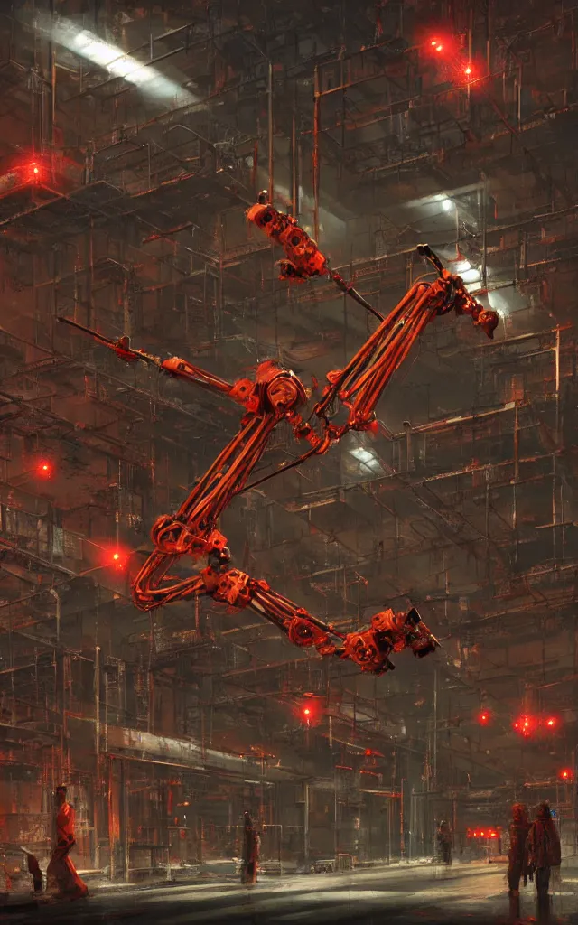 Image similar to dystopian factory building robots, with suspended rails and hanging mechanical parts, robotic arms, red leds, concept art by craig mullins, gloomy, neon lights