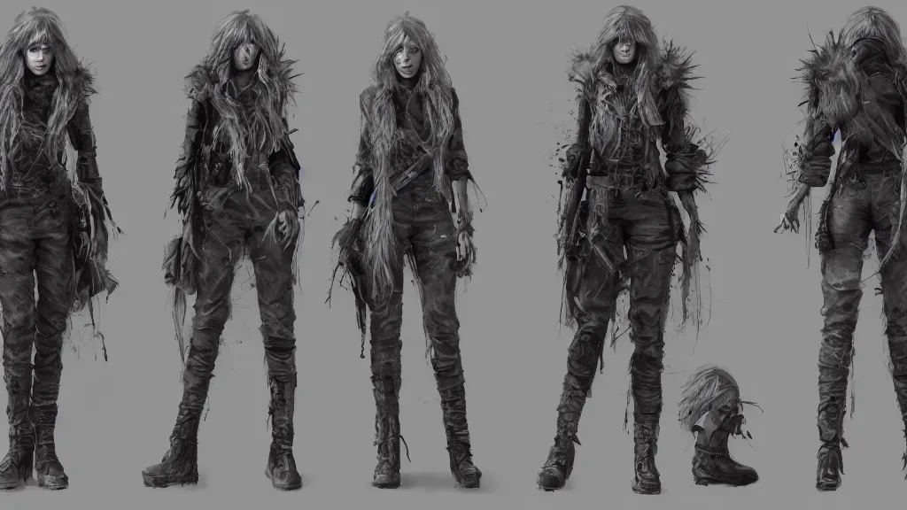 Prompt: character sheet for a white long haired beautiful realistic female for futuristic baggy dark grey jacket oakley glasses hat military boots dystopian mad max like fashion brand demobaza on an alien planet, impact by craig mullins, by studio ghibli, digital art, trending on artstation, hd, 8 k, highly detailed, good lighting, beautiful, masterpiece