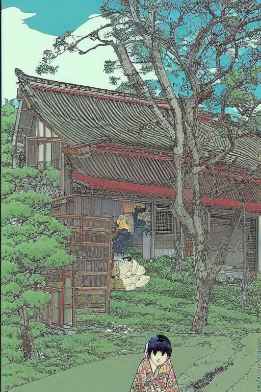 Image similar to beautiful illustration of a rural japanese home, by moebius, masamune shirow and katsuhiro otomo