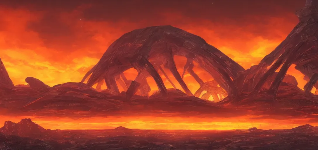 Image similar to an ancient alien civilization with large scifi structures, an orange dramatic sky, warm cool color scheme, cinematic quality, no blur, sharp focus, highly detailed