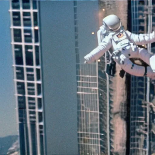 Image similar to of a huge! astronaut! climbing! up a building! (((like king kong))), still from the movie astronaut attack