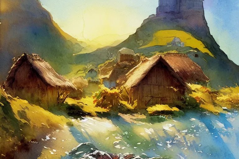 Prompt: small centered on watercolor paper, paint brush strokes, abstract watercolor painting of madeira mountain landscape, traditional straw roof house with tower, translucent leaves, cinematic light, national romanticism by hans dahl, by jesper ejsing, by anders zorn, by greg rutkowski, by greg manchess, by tyler edlin