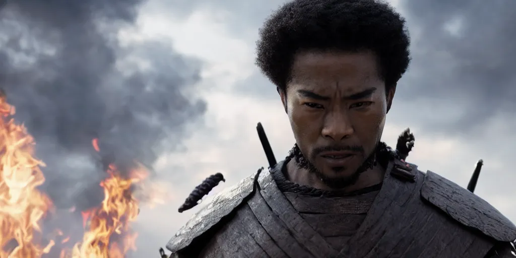 Image similar to a film still of a black man starring in a japanese blockbuster film as samurai on fire, shallow depth of field, cinematic, award winning cgi, vfx, film still