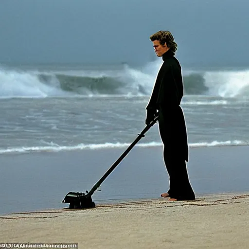 Image similar to Hayden Christensen as Anakin Skywalker Vacuuming the beach for sand, photo,