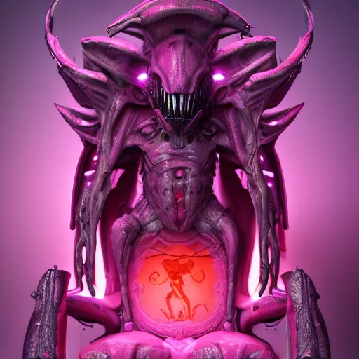 Image similar to a realistic antropomorphic pink elephant dressing necromancer clothes sited in a xenomorphic throne with glow neon eyes, finely detailed, 4 k, photorealistic, cycles engine,