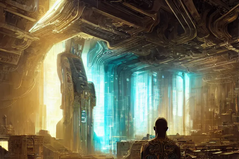 Image similar to A neofuturistic very highly detailed cyborg god with very highly detailed face in the African ghetto bar in a very highly detailed solarpunk sci-fi city digital rational painting art by Greg Rutkowski, sci-fi highly detailed, digital concept art, Dimensional cyan gold natural light, sharp focus, Golden Ratio illustration, realistic concept art by Stephen Hickman and James Gurney and Hiromasa Ogura Ghost in the Shell rendered in Octane Render, From the distance