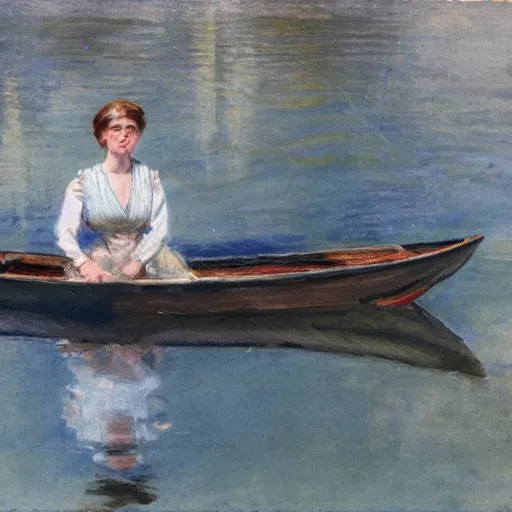Image similar to An edwardian woman sitting in a boat on a calm lake in the style of Anders Zorn