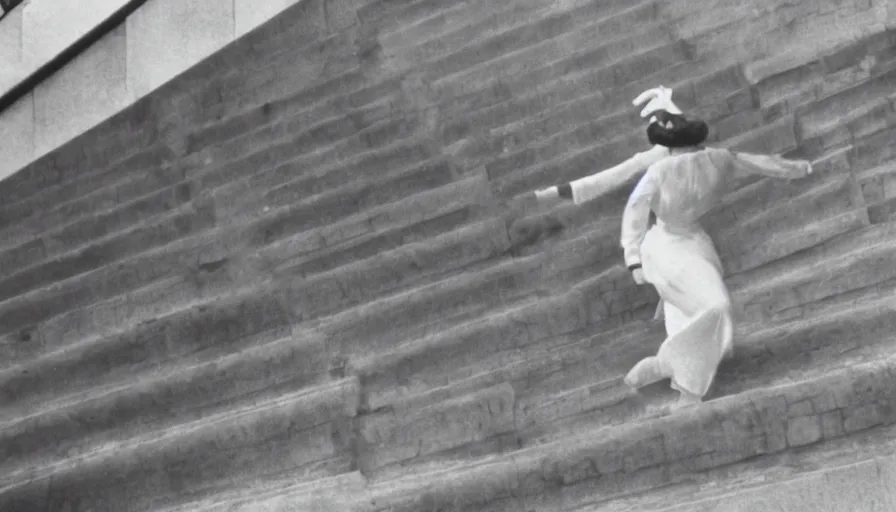 Image similar to 60s movie still of a white japanese female phantom running in infinite stairs, eastmancolor, heavy grain, high quality, higly detailed, liminal space