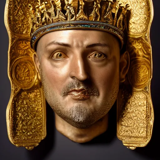 Prompt: richard iv the roman king photo, real human, soft studio lighting, 6 0 mm lens in full golden cashmere plate