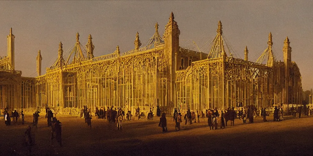 Image similar to a color photograph of the crystal palace, london exhibition of 1 8 5 1, golden hour